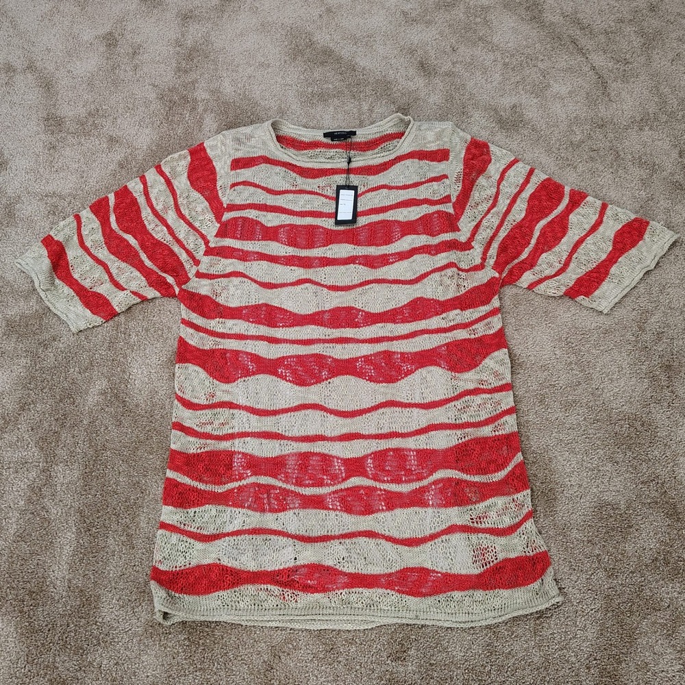 VERTIGO Knit Mini Dress Women XL Striped Short Sleeve‎ Sweater Open Knit Relaxed
